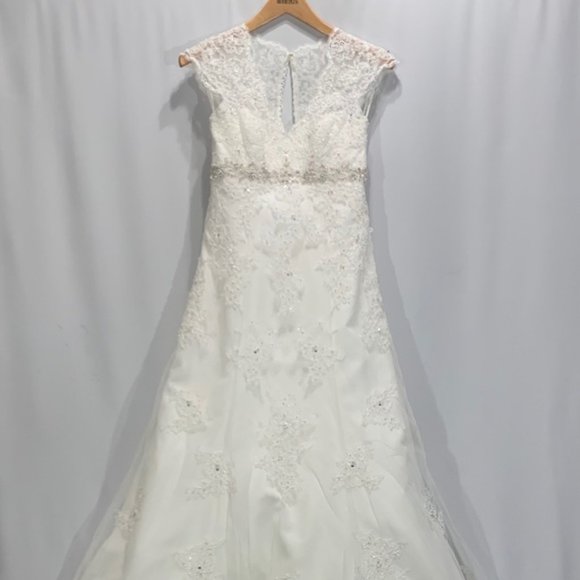 David's Bridal Cap Sleeve Lace Over Satin Wedding Dress Ivory T3299 NWOT - Picture 7 of 13